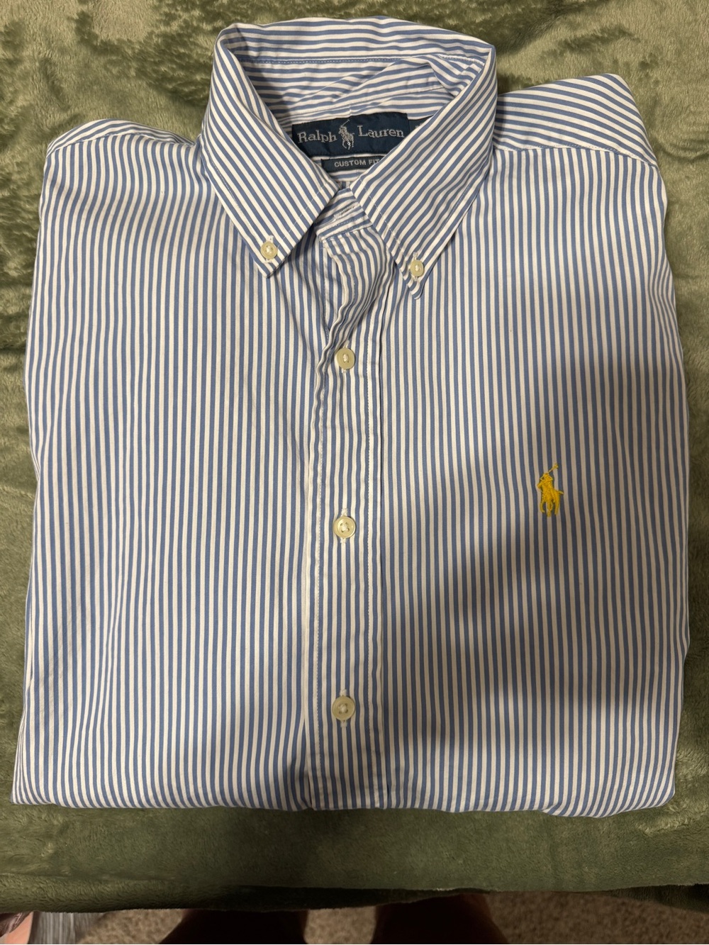 Ralph Lauren Blue & White Striped Button-Down Shirt with Yellow Polo Logo